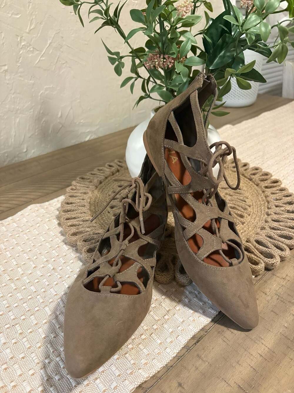 MIA Taupe Suede Pointed Toe Lace Up Caged Flats With Back Zipper